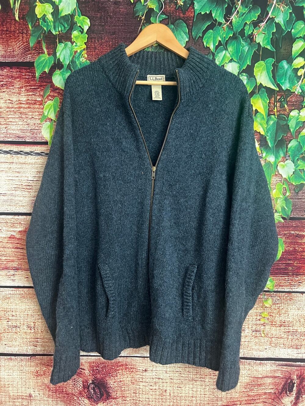 Vintage LL Bean Full Zip Sweater Mens XL Cardigan 100% Shetland Wool Navy Blue